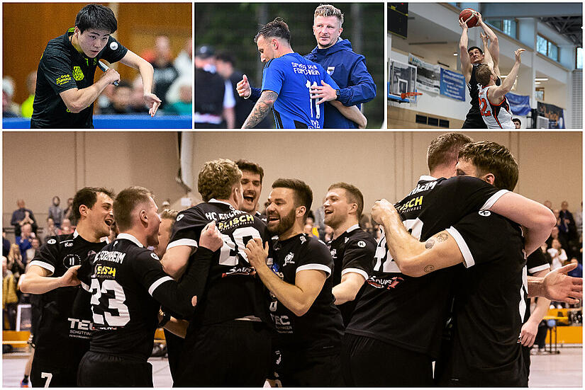 W&auml;hrend die Handballer des HC Forchheim (Bild unten) die Meisterschaft in der Bezirksoberliga gefeiert haben, k&ouml;nnen auch die Tischtennis-Spieler der SpVgg Effeltrich, die Fu&szlig;baller der SpVgg Jahn Forchheim und die Korbj&auml;ger der DJK Eggolsheim (oben, von links) auf ein erfolgreiches Jahr zur&uuml;ckblicken.
