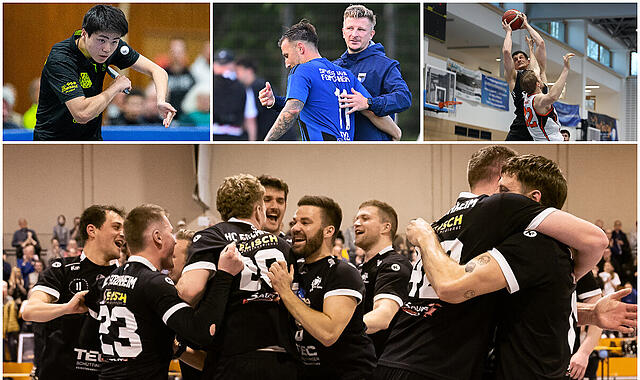 W&auml;hrend die Handballer des HC Forchheim (Bild unten) die Meisterschaft in der Bezirksoberliga gefeiert haben, k&ouml;nnen auch die Tischtennis-Spieler der SpVgg Effeltrich, die Fu&szlig;baller der SpVgg Jahn Forchheim und die Korbj&auml;ger der DJK Eggolsheim (oben, von links) auf ein erfolgreiches Jahr zur&uuml;ckblicken.