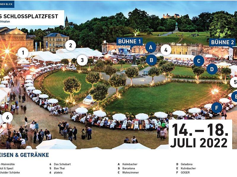 So wird die Zelt-Verteilung beim diesj&auml;hrigen Schlossplatzfest sein: 1 &ndash; Alte Mainm&uuml;hle; 2 &ndash; Spatzl & Spezl; 3 &ndash; Wacholder Sch&auml;nke; 4 &ndash; Das Schubart; 5 &ndash; Ban Thai; 6 &ndash; Plateia; A &ndash; Kulmbacher; B &ndash; Bar Celona; C &ndash; Wohnzimmer; D- San Geladona; E &ndash; K...