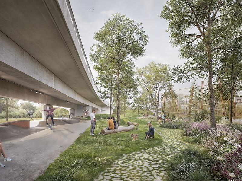 Da wo derzeit der Skatepark ist, soll viel Grün und ein Multifunktionsplatz entstehen. Der Skatepark kommt unter die Brücke. Da wo derzeit der Skatepark ist, soll viel Grün und ein Multifunktionsplatz entstehen. Der Skatepark kommt unter die Brücke.