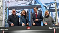 von Links: Christian Bernreiter, Bay. Verkehrsminister, Ingrid Felipe, Vorst&auml;ndin f&uuml;r Infrastrukturplanung der Bahn-Tochter InfraGO, Hartmut H&ouml;ppner, Staatssekret&auml;r des Bundesverkehrsministeriums, und Nicole Kumpfm&uuml;ller- B&ouml;hm, DB-Gesamtprojektleiterin f&uuml;r den Bahnausbau N&uuml;rnberg&ndash;Bamberg.