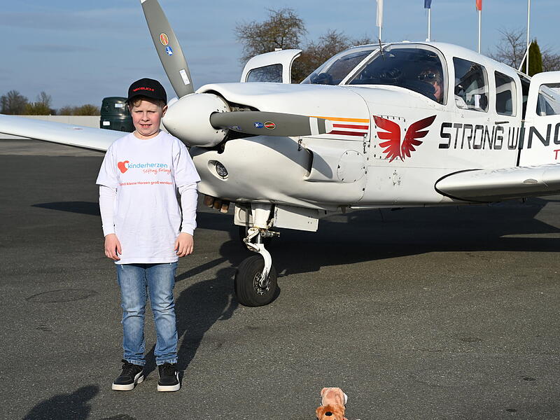 Nico K&ouml;gel vor dem Flieger aus der Schweiz.