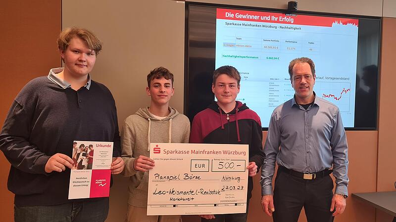 Die siegreichen Schüler Jan Ewert, Leon Kohler und Ben Volkamer mit ihrem Wirtschaftslehrer Herrn Andreas Strümper bei der Preisverleihung in der Hauptfiliale der Sparkasse Mainfranken in Würzburg. Die siegreichen Schüler Jan Ewert, Leon Kohler und Ben Volkamer mit ihrem Wirtschaftslehrer Herrn Andreas Strümper bei der Preisverleihung in der Hauptfiliale der Sparkasse Mainfranken in Würzburg.