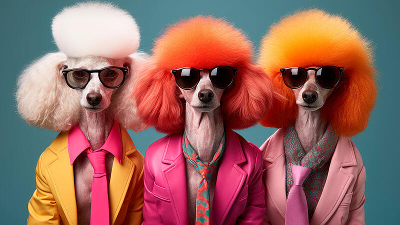 Diese Pudel, die wie Hippies angezogen sind, mussten nicht wirklich so zur Faschingsparty gehen - das Bild wurde mit Hilfe von KI erstellt.