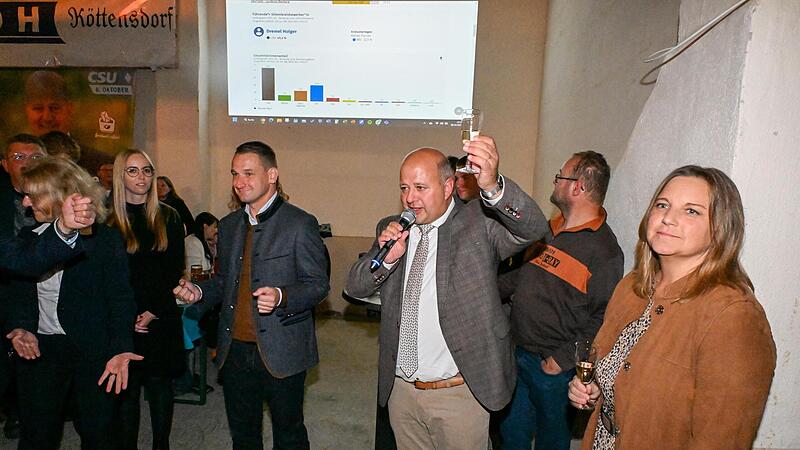 Holger Dremel erhebt das Glas auf weitere f&uuml;nf Jahre im bayerischen Landtag. Mit ihm feiern unter anderem seine Frau Monika (rechts), Listenkandidatin Clarissa Schmitt und CSU-Kreisvorsitzender Johannes Maciejonczyk.