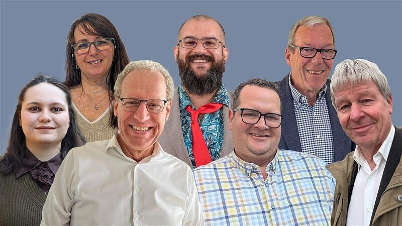 Herzogenaurachs Bürgermeisterkandidaten im Überblick. Obere Reihe, von links: Patrizia Siontas (Bündnis 90/Die Grünen), Phillip Medina (Die PARTEI), Michael Dassler (FDP). Untere Reihe, von links: Joy Wüstner (Die Linke), German Hacker (SPD), Stefan Zenger (CSU), Manfred Welker (Freie Wähler).“ Herzogenaurachs Bürgermeisterkandidaten im Überblick. Obere Reihe, von links: Patrizia Siontas (Bündnis 90/Die Grünen), Phillip Medina (Die PARTEI), Michael Dassler (FDP). Untere Reihe, von links: Joy Wüstner (Die Linke), German Hacker (SPD), Stefan Zenger (CSU), Manfred Welker (Freie Wähler).“