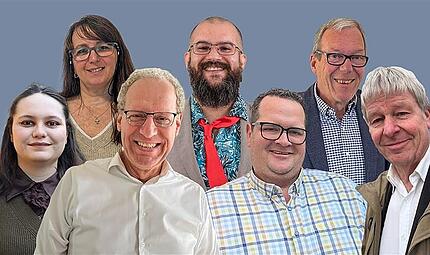 Herzogenaurachs B&uuml;rgermeisterkandidaten im &Uuml;berblick. Obere Reihe, von links: Patrizia Siontas (B&uuml;ndnis 90/Die Gr&uuml;nen), Phillip Medina (Die PARTEI), Michael Dassler (FDP). Untere Reihe, von links: Joy W&uuml;stner (Die Linke), German Hacker (SPD), Stefan Zenger (CSU), Manfred Welker (Freie W&auml;hler).&ldquo;