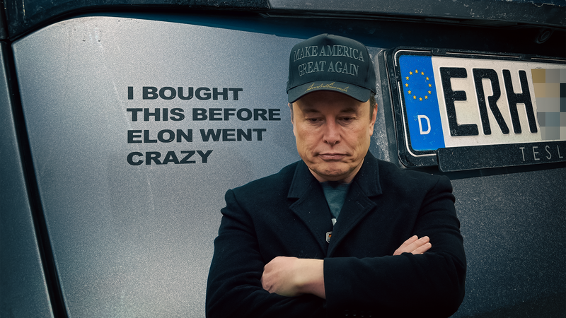 Michael Labs hat sich auch einen Aufkleber für das Heck seines Tesla gekauft, mit dem er sich von Elon Musk (in der Fotomontage vorne in der Mitte) distanzieren will.