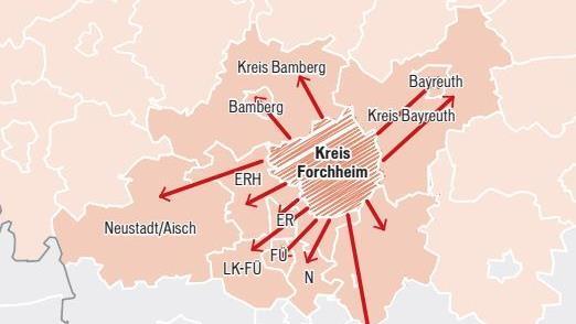 Auspendler aus dem Landkreis Forchheim:10103Erlangen, Stadt6013Nürnberg, Stadt4553Erlangen-Höchstadt1825Bamberg, Stadt1716Landkreis Bamberg1086Fürth, Stadt843Nürnberger Land579Landkreis Bayreuth416München, Stadt242Bayreuth, StadtForchheim & Fränkische Schweiz