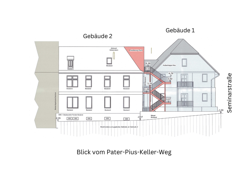 Die beiden Geb&auml;ude aus Sicht des Pater-Pius-Keller-Weges.