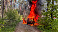 Auto fängt Feuer und brennt aus: Auch Bäume und Sträucher in Flammen