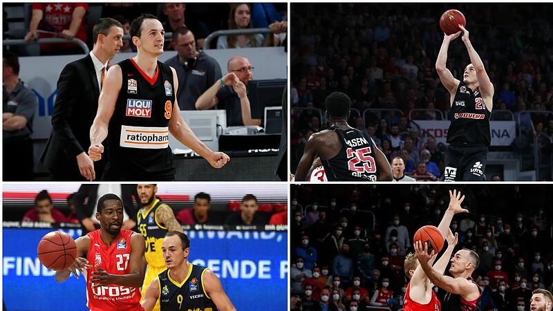 Karsta Tadda spielte au&szlig;er f&uuml;r Bamberg noch im Trikot von Ratiopharm Ulm (oben links), der Gie&szlig;en 46ers (oben rechts), der EWE Baskets Oldenburg (unten links) und  der Telekom Baskets Bonn (unten rechts).