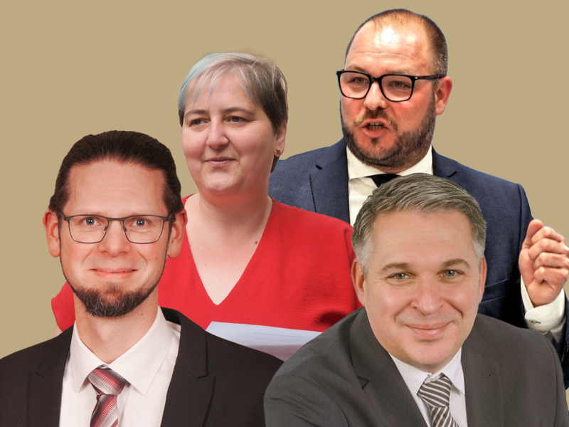 Sebastian Straubel (hinten) ist seit 2019 Landrat des Landkreises Coburg. Bei der Kommunalwahl im M&auml;rz 2026 wird er herausgefordert von Achim Sandmann (links), Claudia Carl und Carsten H&ouml;llein.