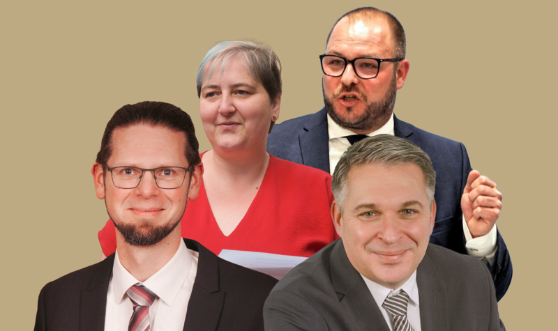 Sebastian Straubel (hinten) ist seit 2019 Landrat des Landkreises Coburg. Bei der Kommunalwahl im M&auml;rz 2026 wird er herausgefordert von Achim Sandmann (links), Claudia Carl und Carsten H&ouml;llein.