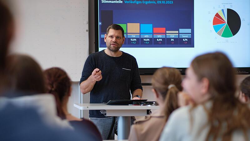 Daniel Beck im &bdquo;Politik und Gesellschaft&ldquo;-Unterricht in einer Klasse am Regiomontanus-Gymnasium Ha&szlig;furt