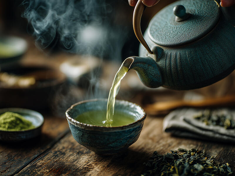 手元で注がれる緑茶の一瞬