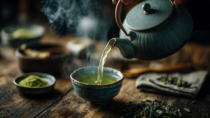 手元で注がれる緑茶の一瞬