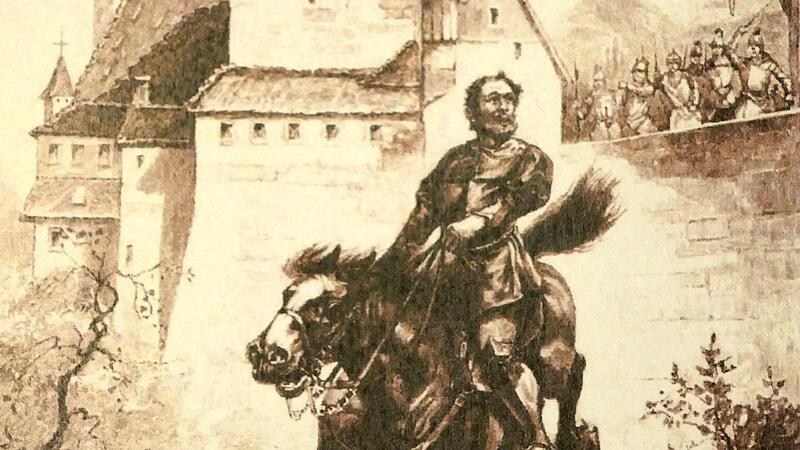 Eppelein von Gailingens Flucht aus Nürnberg. Nach einer Originalzeichnung von O. Meyer-Wegner, erschienen in: Die Gartenlaube 1899, Heft 19Forchheim & Fränkische Schweiz