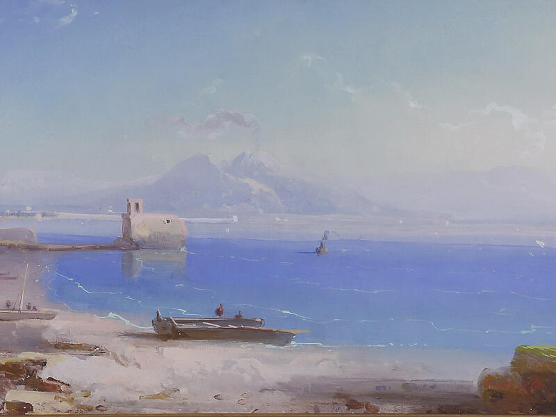 Blick auf den Golf von Neapel: Der Vesuv ist in ein blasses Licht getaucht, typisch f&uuml;r Schreibers Stil. Er m&ouml;chte die Lichtstimmungen Italiens einfangen.