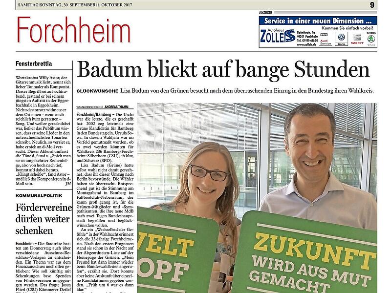 30 FGL ForchheimForchheim & Fränkische Schweiz Lisa Badums Einzug in den Bundestag markiert einen Meilenstein grüner Politik im Landkreis. Und gibt der Forchheimer Grünen Liste einen weiteren Schub.