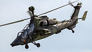 German Army Eurocopter EC665 Tiger attack helicopter flyby during the Berlin Airshow ILA at Berlin-Schoneveld airport. BERLIN - JUN 2, 2016.
