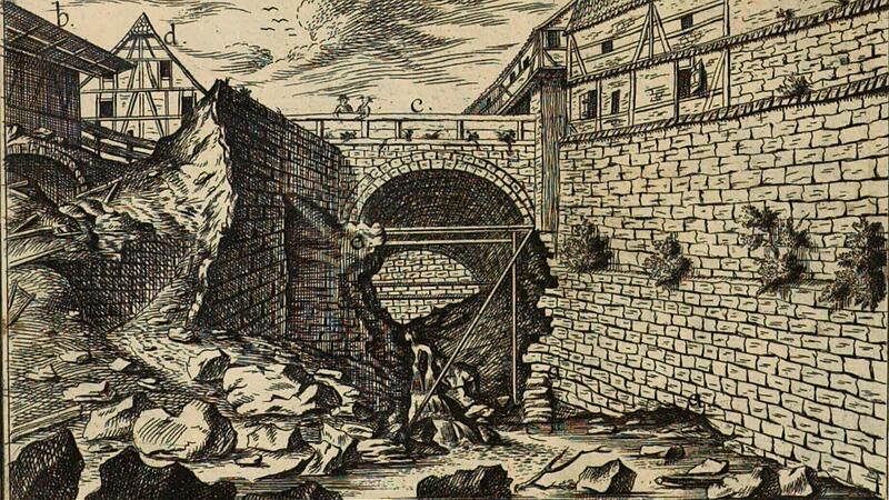 Dieses historische Gem&auml;lde zeigt &bdquo;die von dem Wasser ausgesp&uuml;hlte Stadtmauer bey der Badbr&uuml;cke&ldquo; in Gr&auml;fenberg nach der Katastrophe von 1778.Forchheim & Fr&auml;nkische Schweiz
