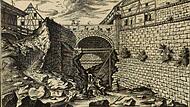 Dieses historische Gemälde zeigt „die von dem Wasser ausgespühlte Stadtmauer bey der Badbrücke“ in Gräfenberg nach der Katastrophe von 1778.Forchheim & Fränkische Schweiz