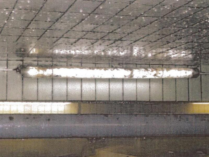 Schimmelähnliche Verunreinigungen wurden an der Decke und an Elektroinstallationen dokumentiert.