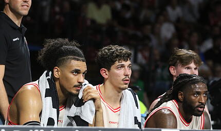 F&uuml;r die BMA365 Bamberg Baskets um Jonathan B&auml;hre, Yuval Hochstadter und Jordan Jones (von links) gab es in M&uuml;nchen nicht viel zu lachen.