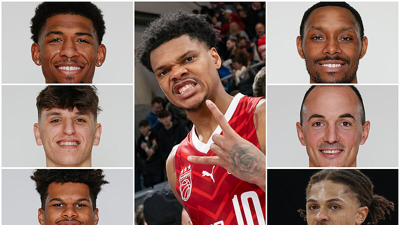 Die Spieler der Bamberg Baskets von oben links: Noah Locke, Adrian Petkovic, Gabriel Kuku. Mitte: Ronaldo Segu. Von oben rechts: Kyle Lofton, Karsten Tadda, MaCio Teague.