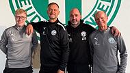 Das neue Torwart-Trainer-Trio des TSV Neudrossenfeld mit (von links) Nico Schuhmann, Mario Schupfner und Ingram Butter (rechts). Zweiter von rechts der Sportliche Leiter des TSV, Daniel Stöcker.