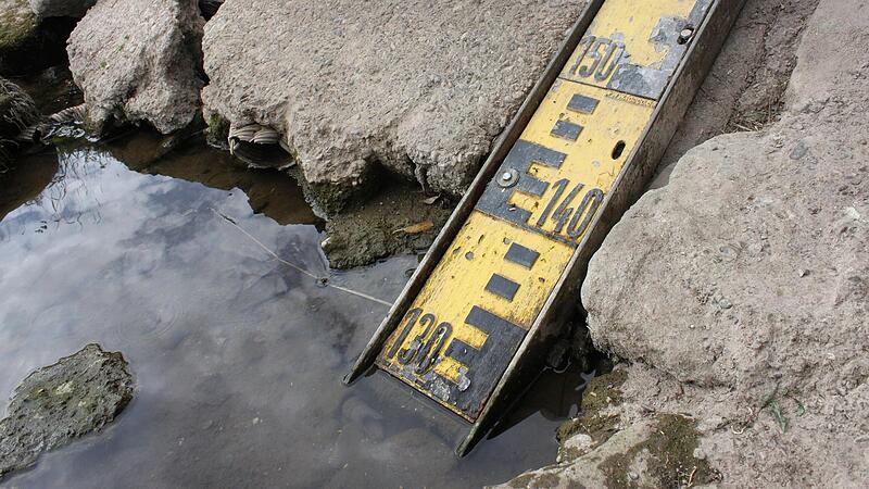 Die Pegellatte endet bei 130 Zentimetern.So hoch ist derzeit der Wasserstand des Mains bei Schw&uuml;rbitz.