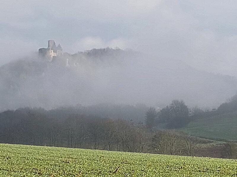 Vom Gerschberg oberhalb der Kreuzkapelle bei Machtilshausen oder wie die Machtilsh&auml;user sagen: &bdquo;Garschbarch&ldquo;, versinkt Trimberg im Nebel &ndash; nur die Trimburg ist noch dar&uuml;ber zu erkennen. Katja Schmelz aus Machtilshausen hat dies bei ihrem Spaziergang festgehalten.