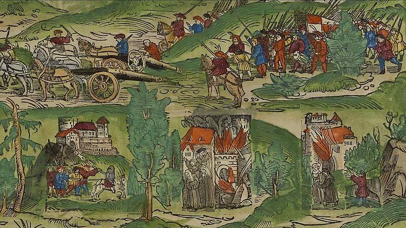 Ein Ausschnitt aus dem Bamberger Burgenbuch, in dem zahlreiche im Bauerkrieg zerst&ouml;rte Burgen und Kl&ouml;ster in Fantasiebildern abgebildet sind. Unten mittig-rechts findet sich das Kloster Bildhausen.