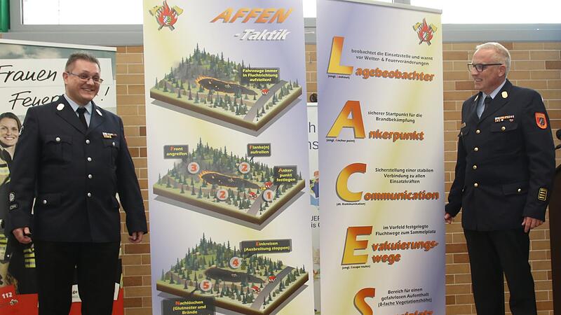 Jörg Pachale (links) hatte für den Kreisbrandrat Stefan Püls eine besondere Überraschung parat – er konnte schon jetzt die neuen Rollups für die Ausbildung zu Vegetationsbränden überreichen. Jörg Pachale (links) hatte für den Kreisbrandrat Stefan Püls eine besondere Überraschung parat – er konnte schon jetzt die neuen Rollups für die Ausbildung zu Vegetationsbränden überreichen.