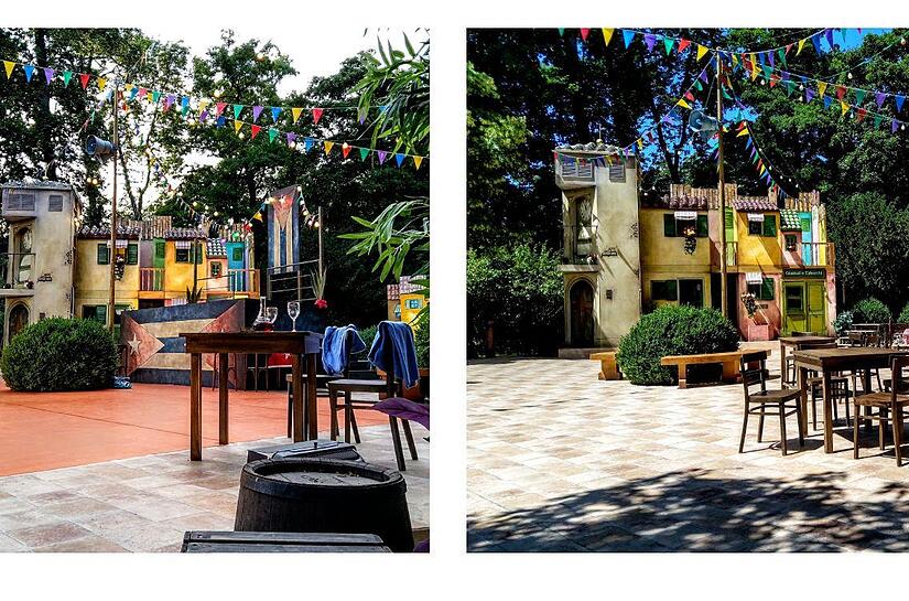 Vorher und nachher: so verwandelt sich das B&uuml;hnenbild von &bdquo;Noches Cubanas&ldquo; in die Szenerie f&uuml;r &bdquo;Don Camillo und Peppone&ldquo;.