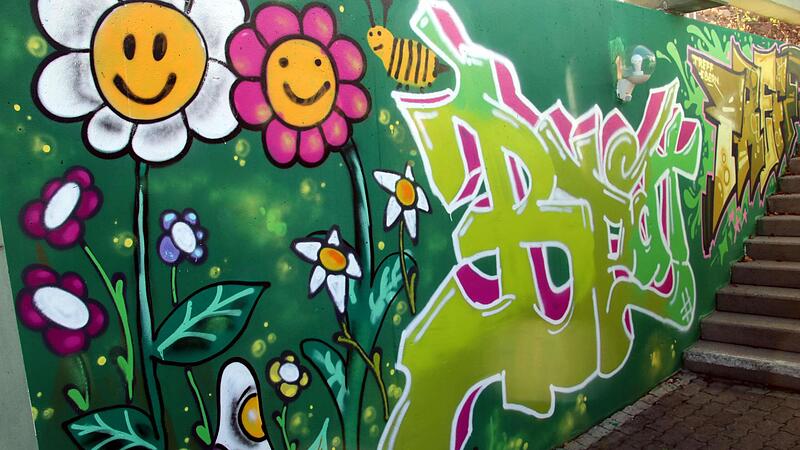 Freundlich lachen die Blumen an der Wand der Treppe zum Aufgang des Jugendtreffs Ebern in der Gymnasiumstra&szlig;e 6.