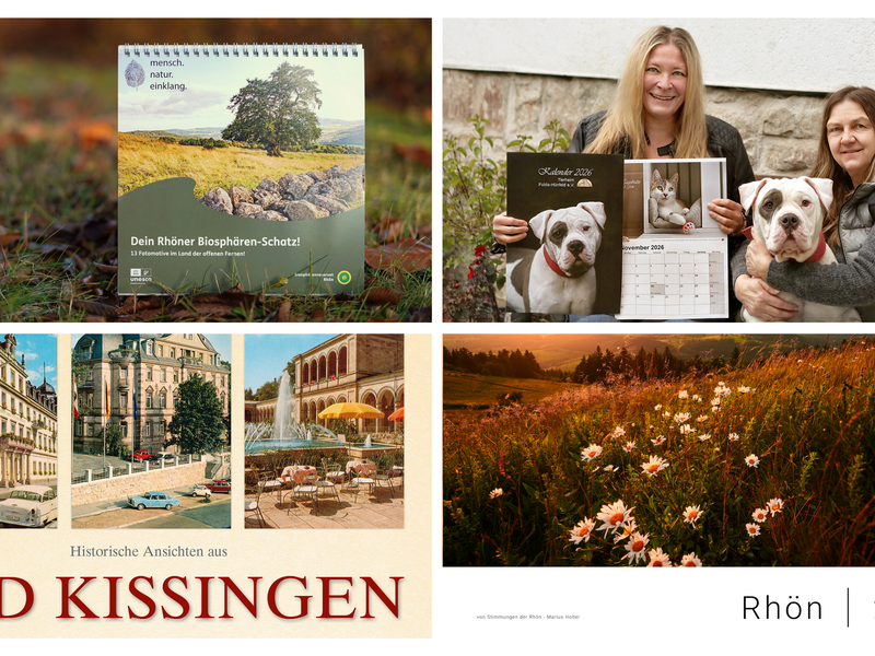Jubiläumskalender 2026 „Schätze der Rhön“, „Tierheim-Kalender“ von Kerstin Junker, „Historische Ansichten aus Bad Kissingen“ von der Kalendermanufaktur und „Rhön 2026“ von Marius Holler