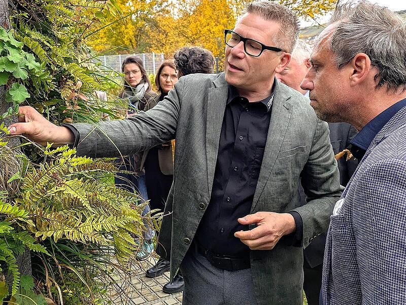 Gefässerie-Inhaber Achim Eilingsfeld (links) erläutert Bayerns Umweltminister Thorsten Glauber die modulare Bauweise der Fassadenbegrünung