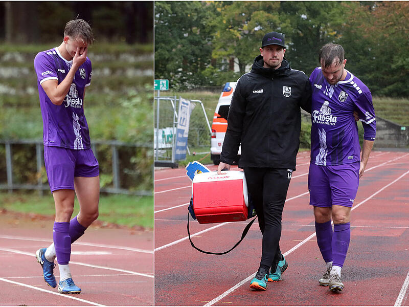 Der Griff an den hinteren Oberschenkel zeigte es an: Bambergs Führungsschütze David Lang (rechts) musste gegen Würzburg ebenso vorzeitig raus wie Abwehrturm Oliver Schubert.