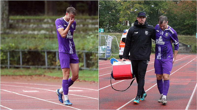 Der Griff an den hinteren Oberschenkel zeigte es an: Bambergs F&uuml;hrungssch&uuml;tze David Lang (rechts) musste gegen W&uuml;rzburg ebenso vorzeitig raus wie Abwehrturm Oliver Schubert.