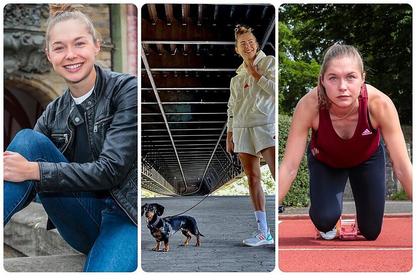 Ob am Alten Rathaus (l.), beim Gassigehen mit Dackeldame Akira am Kanal (M.) oder bei Trainingseinheiten auf der Tartanbahn des Fuchs-Park-Stadions (r.): Gina L&uuml;ckenkemper ist in Bamberg heimisch geworden.