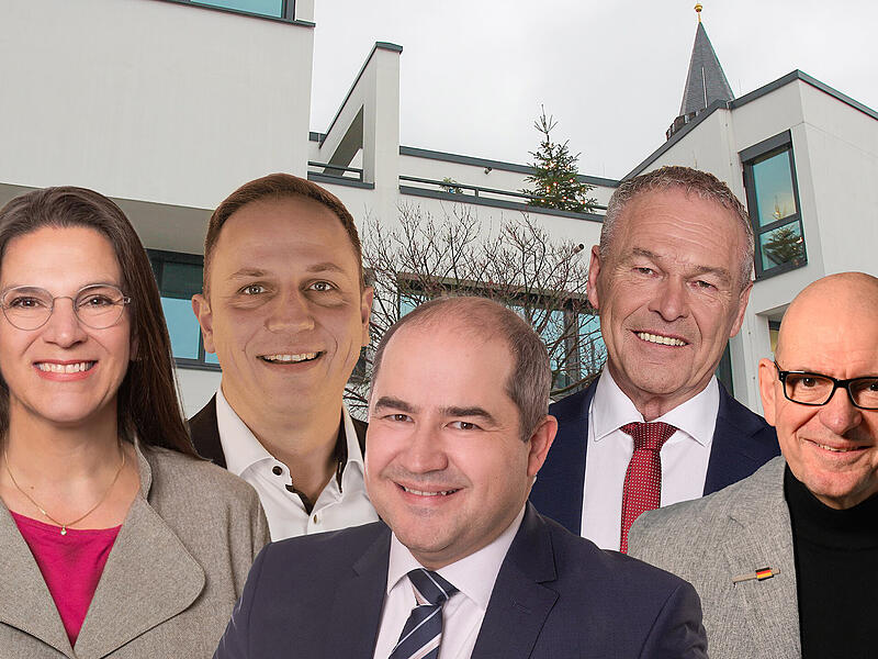 Zur OB-Wahl in Neustadt bei Coburg treten an (von links): Tanja Zapf, Bastian Schober, Dominik W. Heike, Frank Rebhan und Michael H&ouml;pflinger.