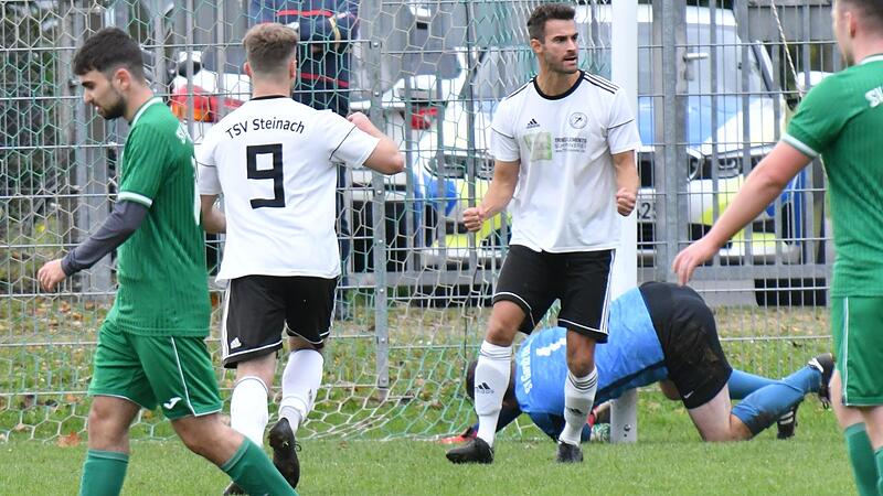 Unser Bild zeigt Michael Voll nach seinem Tor beim Spitzenspiel in Garitz. Der TSV Steinach führt in der Kreisklasse Rhön 1 die Tabellen an.