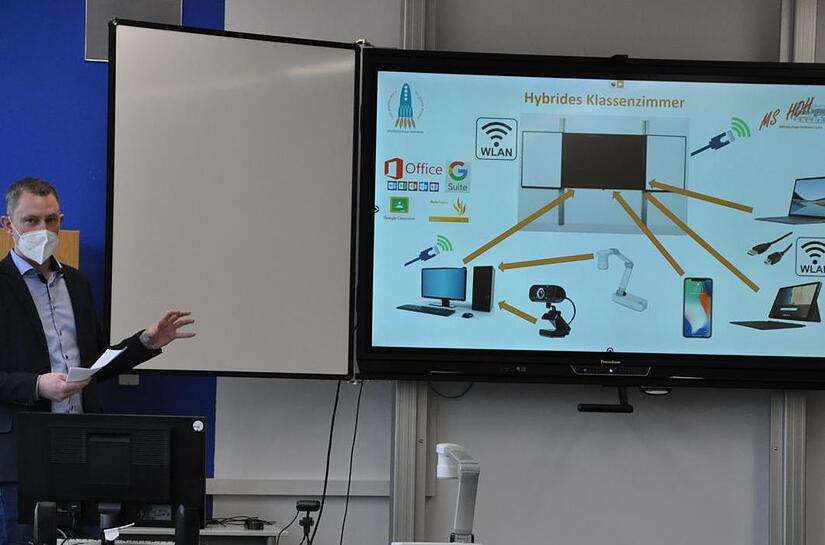 Stellvertretender Mittelschulleiter Florian Mantel erkl&auml;rte am Montag in Hofheim die Schultafel der Zukunft, das "ActivePanel", ein Tablet im Gro&szlig;format.
