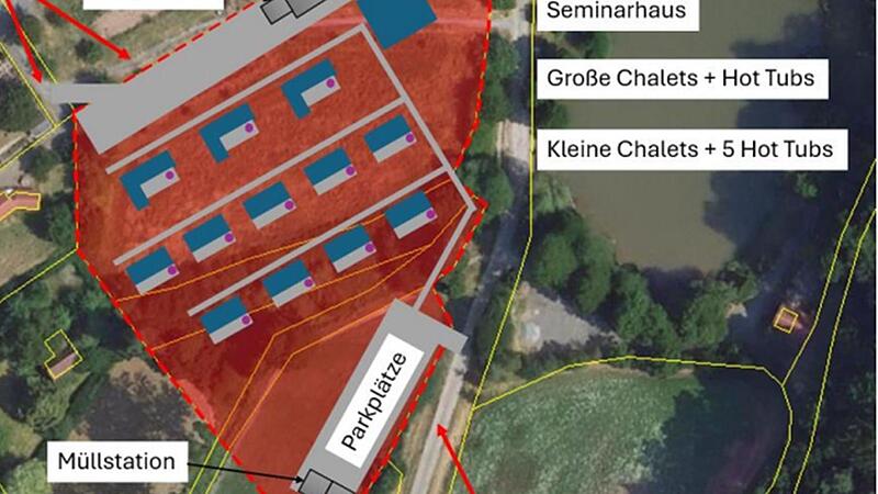 Der Lageplan für die „Haßberge Chalets“ gegenüber dem Anglersee (rechts) Der Lageplan für die „Haßberge Chalets“ gegenüber dem Anglersee (rechts)