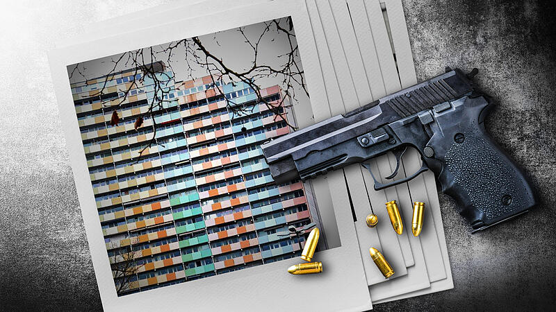 Hand gun banner or panorama pfoto on dark stone table top view.