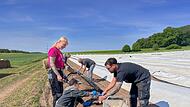 &bdquo;Es ist anstrengend, macht aber auch Spa&szlig;&ldquo;, bilanziert Tobias Wirth die Arbeit als Spargelstecher unter den wachsamen Augen seiner Frau.