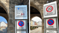 Das interaktive Schild am Coburger Ketschentor zeigt an, ob es in der Ketschengasse aktuell noch freie Parkpl&auml;tze gibt. Links im Bild die Variante &bdquo;alles belegt&ldquo;, rechts im Bild die andere Variante.