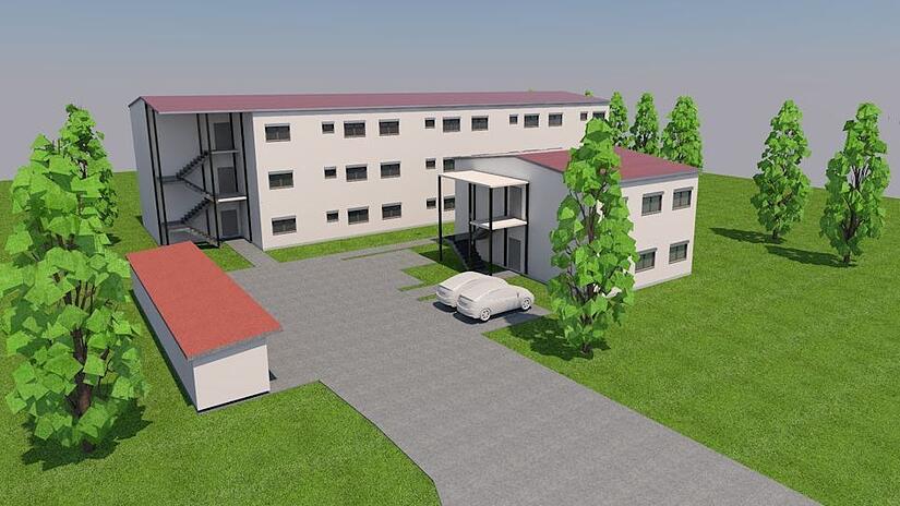 So k&ouml;nnte das Wohnheim f&uuml;r 90 gefl&uuml;chtete Menschen in Volkach aussehen. Die Wohncontainer sollen mit Fassadenelementen verkleidet werden, zumindest zum Teil. In dem kleineren Geb&auml;ude sollen B&uuml;ros, Waschmaschinen und ein Gemeinschaftsraum untergebracht werden.